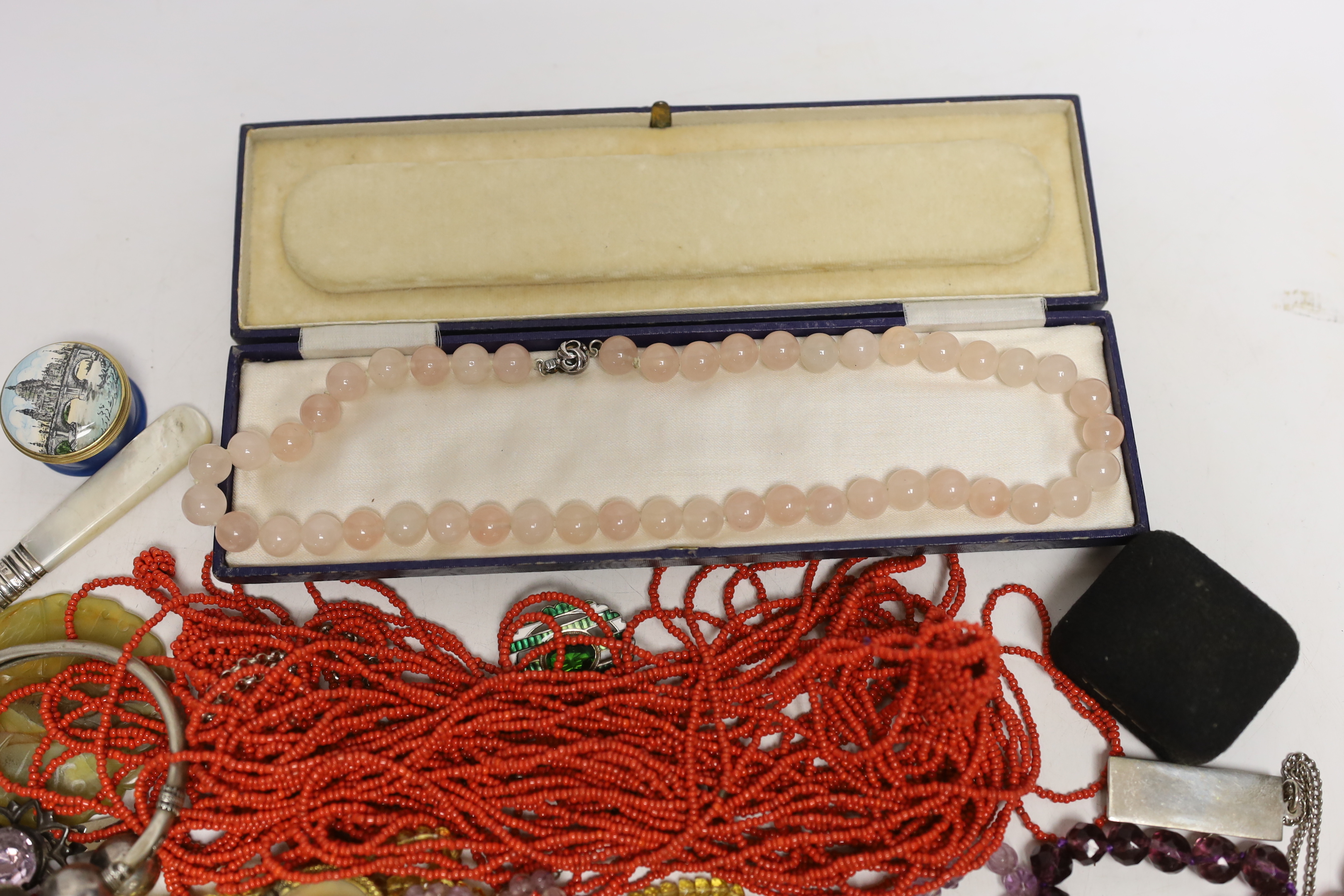 A group of assorted collectable, jewellery etc. including Bakelite bead necklace, Halcyon Days boxes, silver ingot pendant, silver belt buckle, cut steel buckle, rose quartz necklace, amethyst necklace, citrine necklace